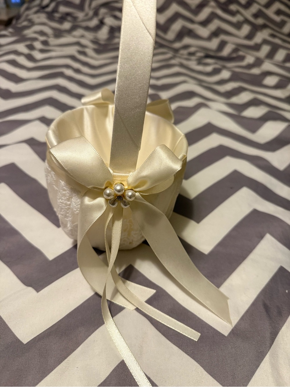 White Satin Ribbon Flower Girl Basket